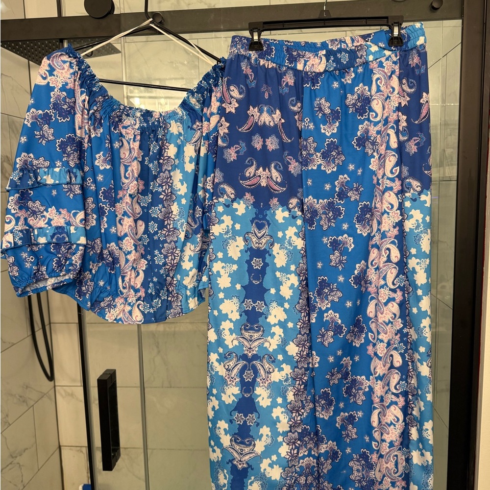 Blue Floral Off-Shoulder Top and pant Set
